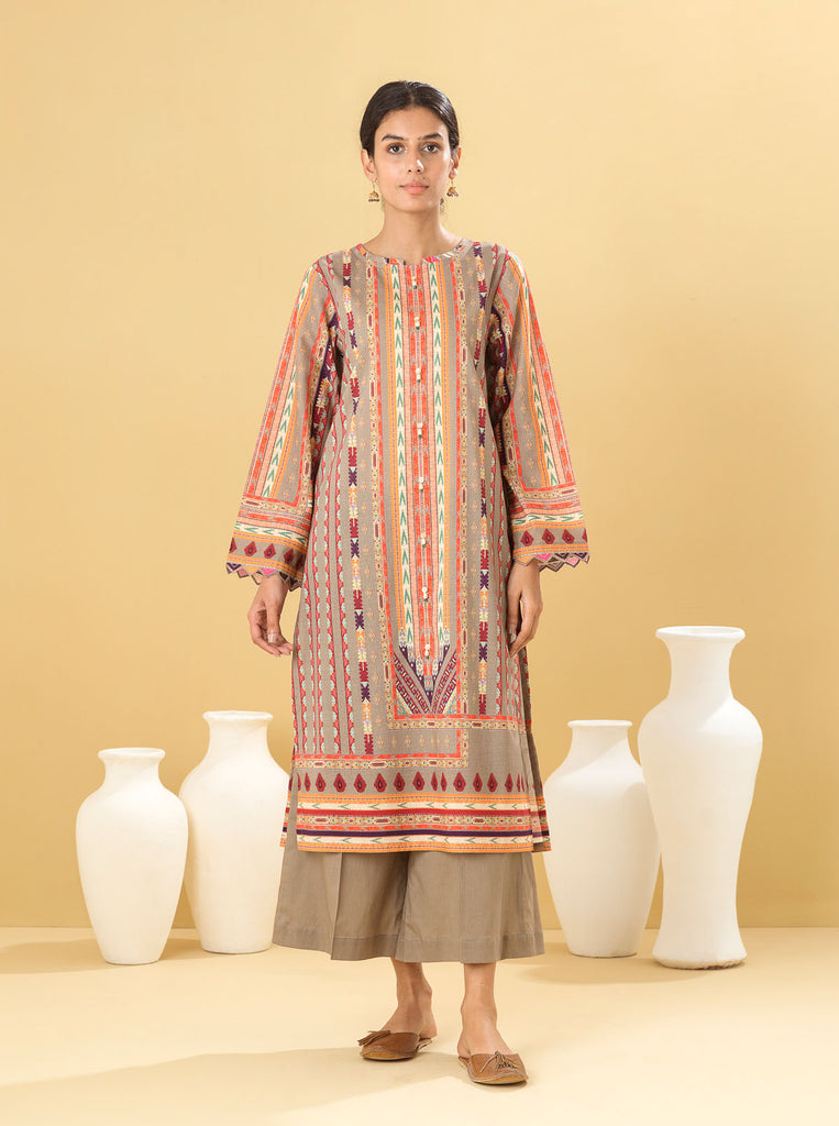 1 PIECE - PRINTED LAWN SHIRT - TRIBAL TAUPE